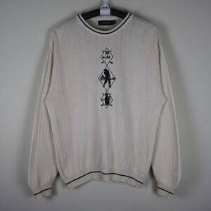 Vintage Carmel Golf Embroidered Knit Pullover Sweater Ivory Mens Large 23.5x30.5